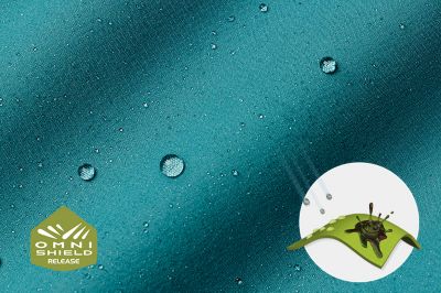 Close up of fabric with the Omni Shield logo in the bottom left and a graphic showing how moisture beads on the fabric's surface.
