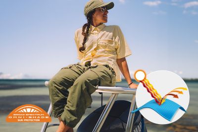 Model lounging in a sunny scene and the Omni-Shade tech badge in bottom left.