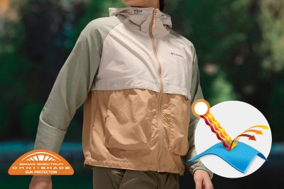 Model walking in a sunny scene and the Omni shade tech badge in bottom left.